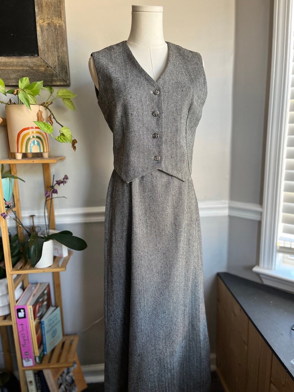 Vintage 90s Skirt Set Herringbone Maxi Skirt Vest Wool Blend Size XS